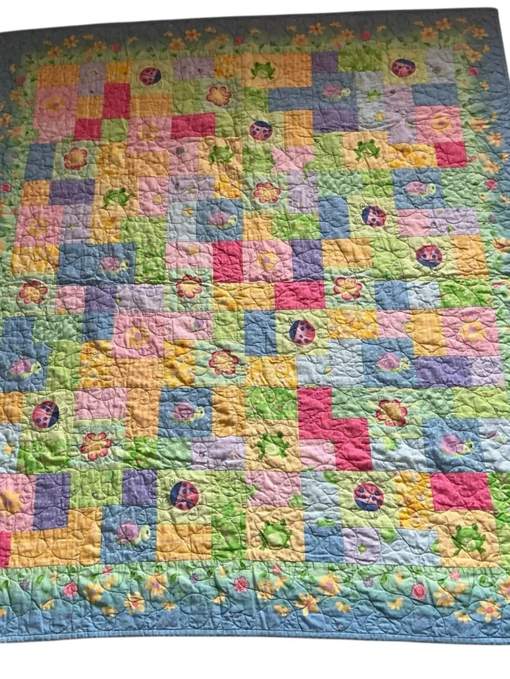 Handmade patchwork baby quilt little blessings colorfull pastel floral animals